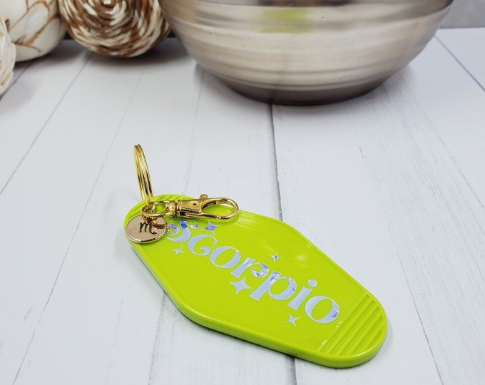 Retro Zodiac Motel Keychain, Gold Charm, Personalized Astrology Gift