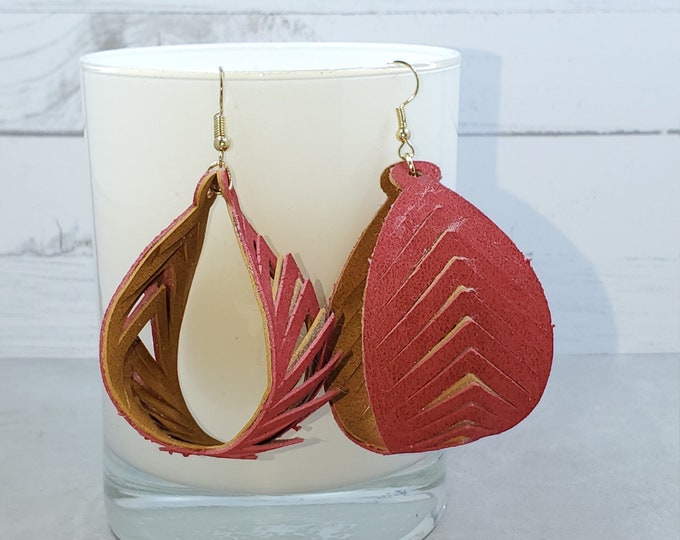 Faux Suede Geometric Earrings, Red & Brown, Lightweight Statement Earring