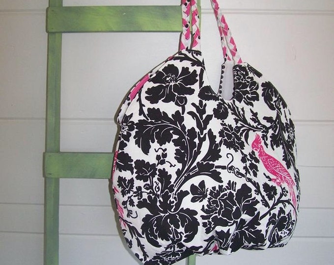 The Big Round Bag Black and White Damask With Pink Parrot READY to SHIP