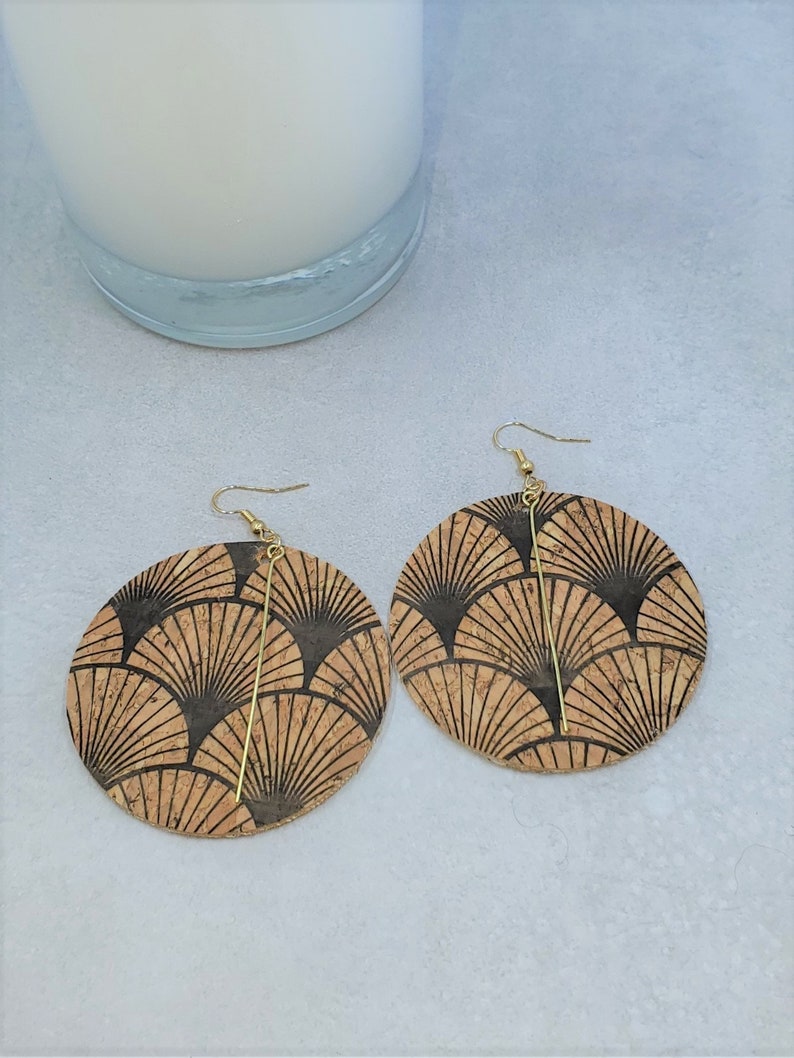 Large Boho Floral Cork with Bar Earrings, Floral Cork Round Earrings, Earring, Light Weight Earrings, Double Sided Floral Cork Fabric image 5