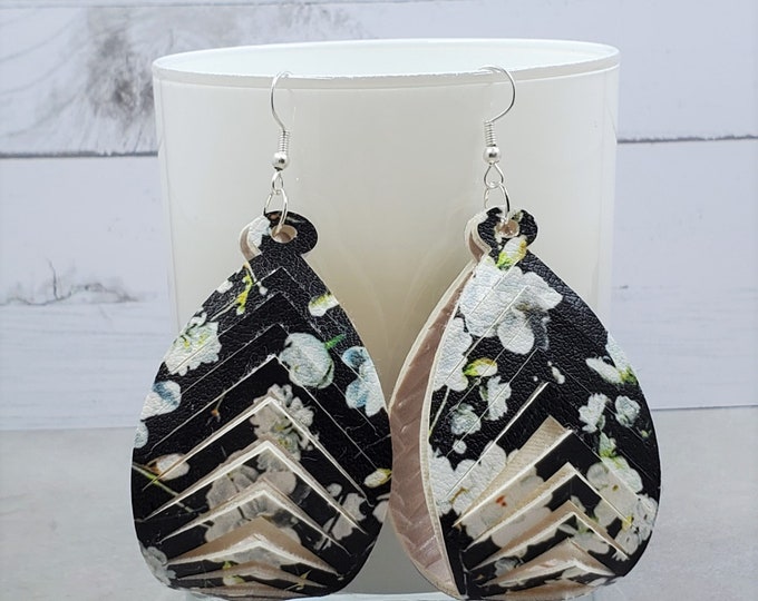 Floral Faux Leather Dangle Earrings, Geometric Cutout