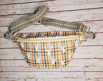 Plaid Deer Cotton Fanny Pack: Handmade Crossbody Sling Bag