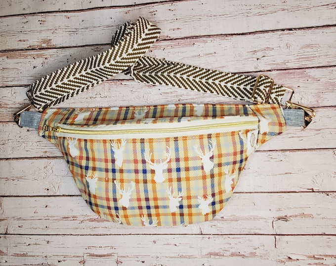 Plaid Deer Cotton Fanny Pack: Handmade Crossbody Sling Bag