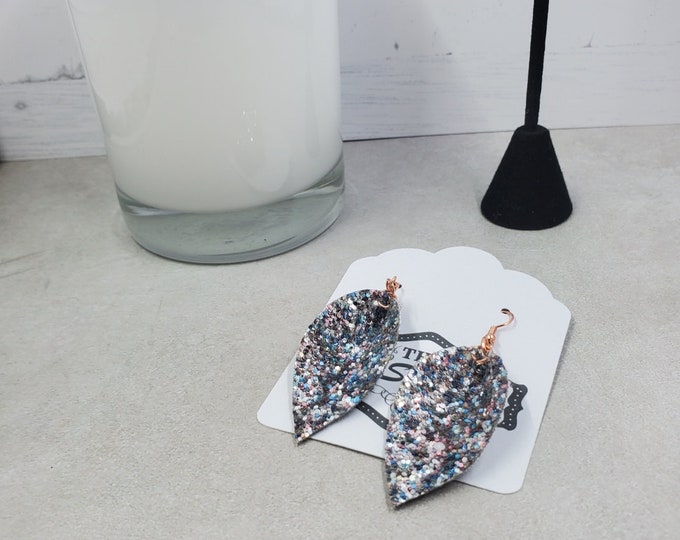 Glitter Faux Leather Leaf Earrings, Rose Gold Hardware