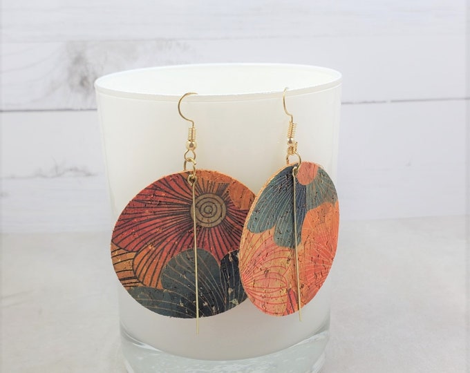Floral Cork Round Earrings, Boho Bar Charm, Lightweight Dangle