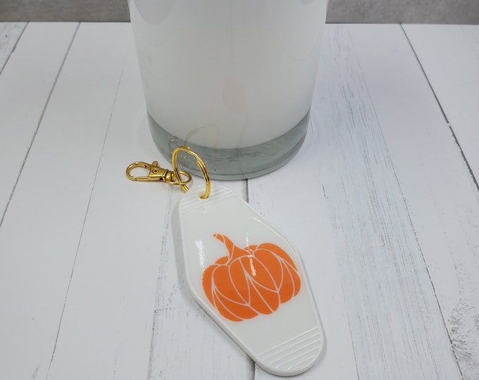 Pumpkin Motel Keychain, Retro Acrylic Key Ring with Gold Clasp