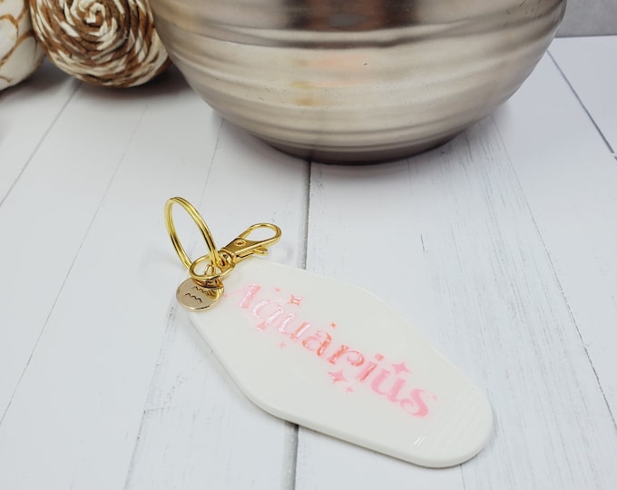 Zodiac Sign Retro Style Motel Key Chain, Gold Charm, Motel Keychain, Fun Acrylic Key Chain, Personalized Gift, Bridal or Bachelor Party