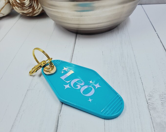 Retro Zodiac Motel Keychain, Gold Charm, Personalized Astrology Gift