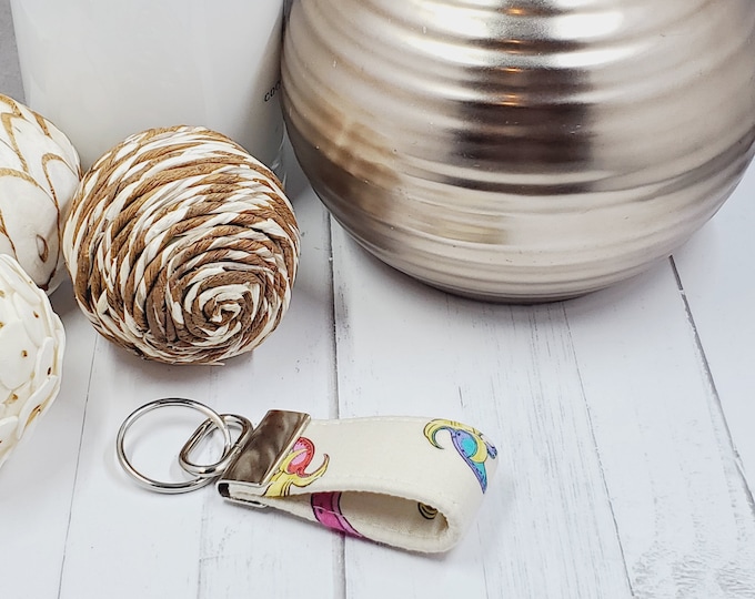 Handmade Cotton Fabric Key Fob: Rose Gold Key Ring Mini Lanyard