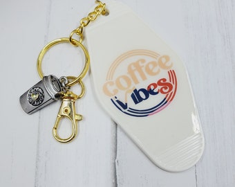 Gold Hardware w/Lobster Clasp Retro Style Motel Key Chain, Coffee Vibes, Coffee Lover Key Ring, Motel Holiday Key Ring, Acrylic Key Chain