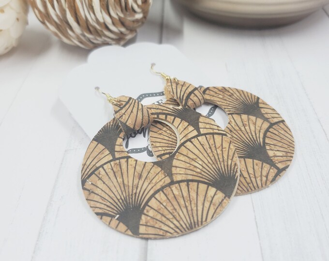 Geometric Cork Statement Earrings, Black & Natural Double Sided Design