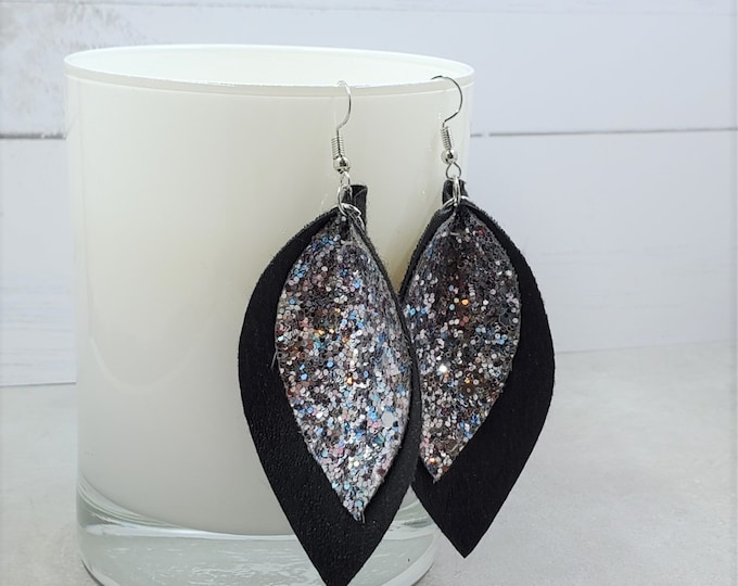 Faux Leather Glitter Leaf Earrings, Lightweight Folded Earrings