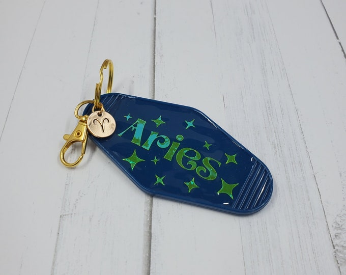 Zodiac Sign Motel Keychain, Retro Acrylic Key Ring with Gold Charm