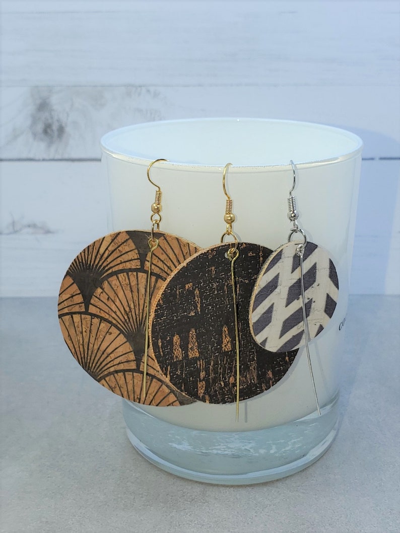 Large Boho Floral Cork with Bar Earrings, Floral Cork Round Earrings, Earring, Light Weight Earrings, Double Sided Floral Cork Fabric image 7