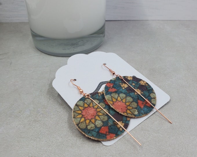 Floral Medallion Cork Earrings, Rose Gold Bar, Boho Style