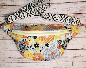 Fall Floral Cotton Fanny Pack: Handmade Crossbody Sling Bag