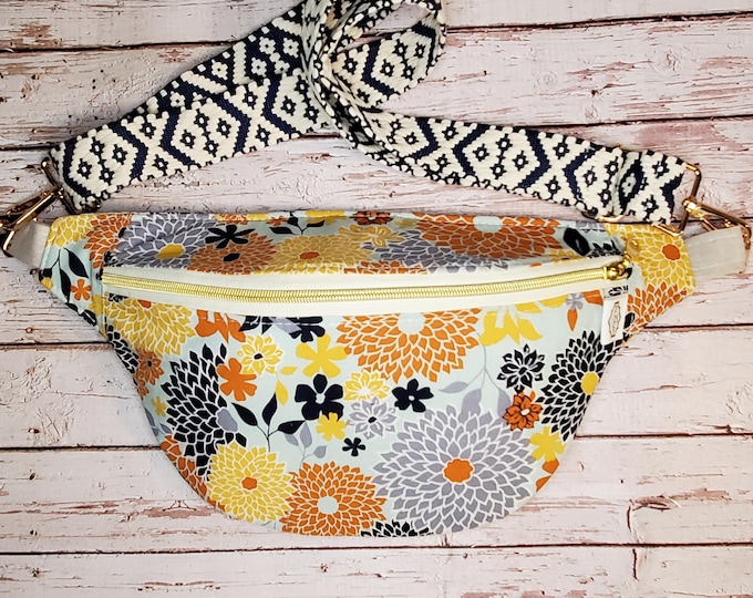 Fall Floral Cotton Fanny Pack: Handmade Crossbody Sling Bag