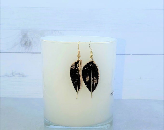 Handcut Black & Gold Cork Leaf Earrings with Gold Bar