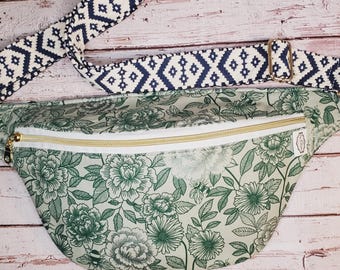 Green on Green Flowers and Bees Cotton Fanny Pack: Handmade Crossbody Sling Bag