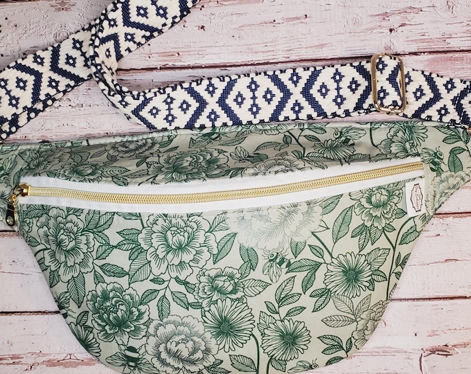 Green on Green Flowers and Bees Cotton Fanny Pack: Handmade Crossbody Sling Bag
