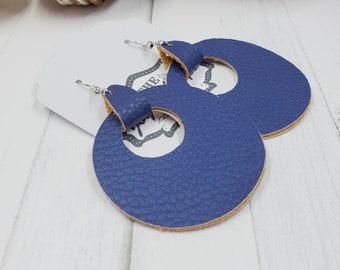 Large Double Sided Faux Leather Round Earrings, Blue & Natural Round Earrings, Light Weight Faux Leather Statement Earrings, Circle Earrings