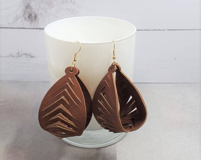 Handcut Faux Suede Earrings, Brown Geo Cutout, Statement Dangle
