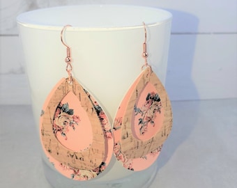 Floral Faux Leather Cork Teardrop Earrings, Lightweight Statement Jewelry