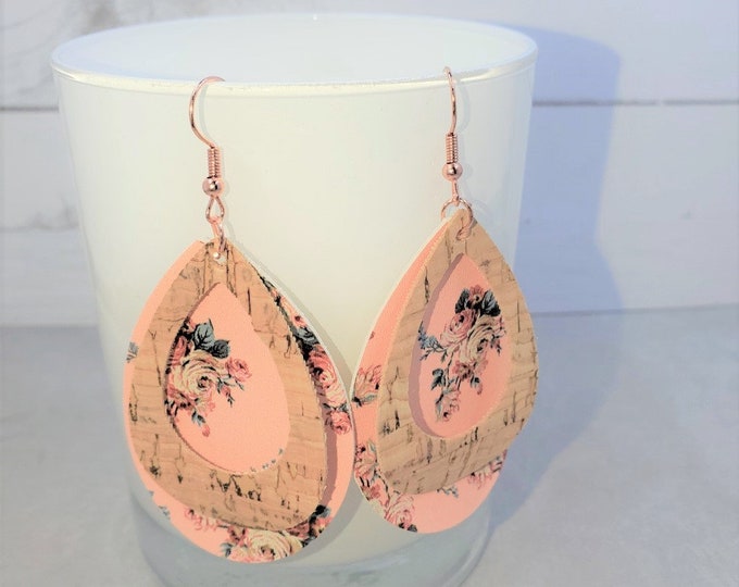 Floral Faux Leather Cork Teardrop Earrings, Lightweight Statement Jewelry