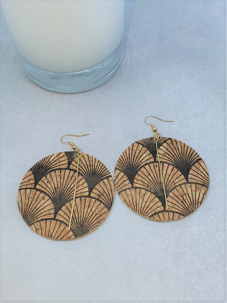 Large Boho Floral Cork with Bar Earrings, Floral Cork Round Earrings, Earring, Light Weight Earrings, Double Sided Floral Cork Fabric image 2