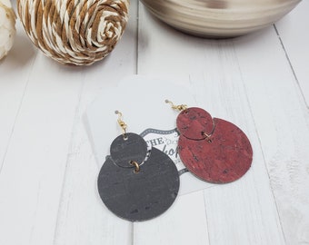 Med Crescent Cork Earrings, Black and Maroon Earrings, Double Sided Earrings, Round Earring, Light Weight Earrings, Crescent Moon Earring