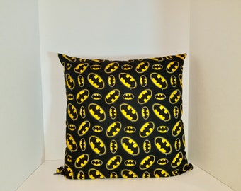 Batman Pillow Cover, Yellow and Black Logo, Dorm Room, Movie Theatre Room, Baby Shower Gift, Comic Book Decorative Throw Pillow Cover 18x18