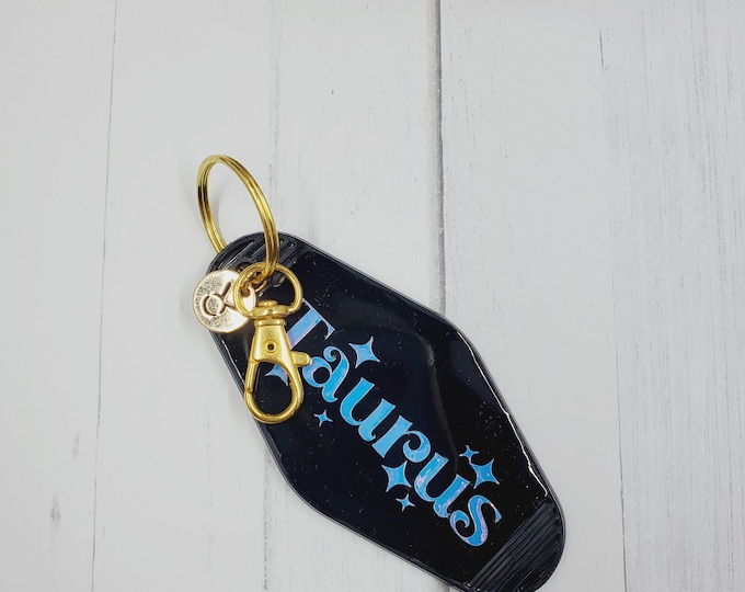 Zodiac Sign Retro Style Motel Key Chain, Gold Charm, Motel Keychain, Fun Acrylic Key Chain, Personalized Gift, Bridal or Bachelor Party
