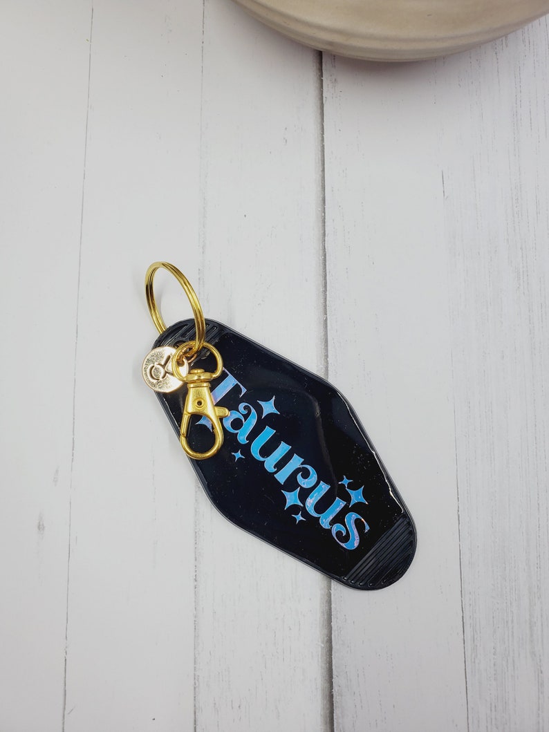 Zodiac Sign Retro Style Motel Key Chain, Gold Charm, Motel Keychain, Fun Acrylic Key Chain, Personalized Gift, Bridal or Bachelor Party image 1