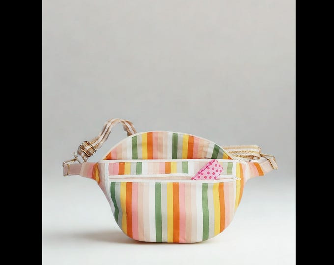 Multi striped cotton fabric fanny pack, large sling bag, fanny bag, crossbody bag, bum bag, travel bag, waist bag, hip bag, adjustable strap
