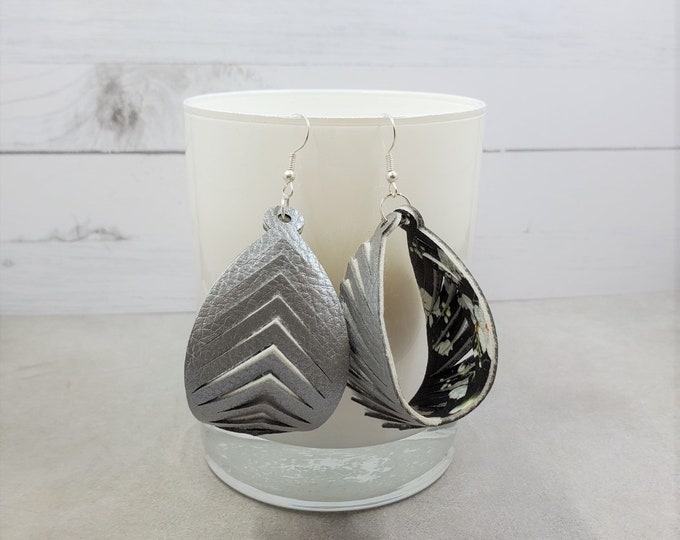 Floral Faux Leather Earrings, Cut Out Geometric Silver Teardrop, Handmade