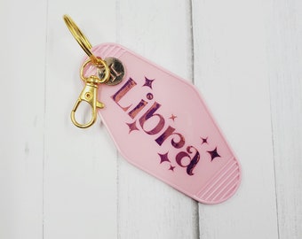 Zodiac Sign Retro Style Motel Key Chain, Gold Charm, Motel Keychain, Fun Acrylic Key Chain, Personalized Gift, Bridal or Bachelor Party