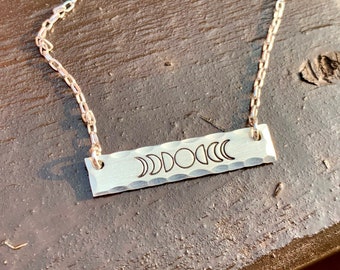 Hand Stamped Sterling Silver Moon Phase Bar Necklace - Gifts for Her - Mother's Day