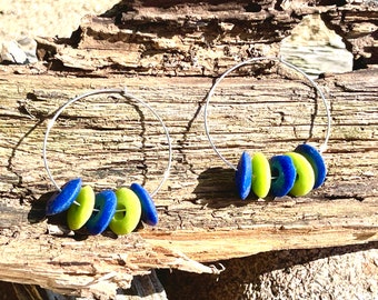 Sterling Silver Hoop Earrings Ashanti Krobo Recycled Glass Cobalt and Lime Green - Gifts for Her - Mother's Day