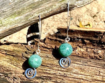 Sterling Silver Dangle Earrings Fire Cracked Agate Green - Gifts for Her - Mother's Day