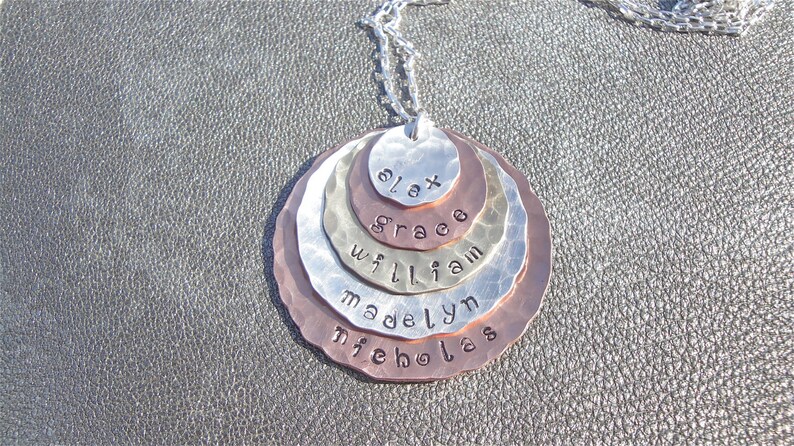 Five Personalized Name Hand Stamped Layered Necklace Sterling Silver Copper and Brass Gifts for Her Christmas Gift image 2