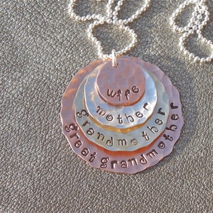 Wife Mother Grandmother Great Grandmother Hand Stamped Hammered Necklace Copper Sterling Silver Brass Gift for Her Mothers Day image 2