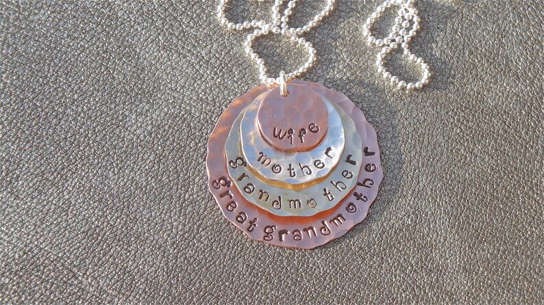 Wife Mother Grandmother Great Grandmother Hand Stamped Hammered Necklace Copper Sterling Silver Brass Gift for Her Mothers Day image 2