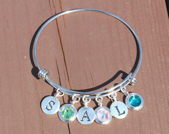 Three Initial and Three Swarovski Crystal Adjustable Bangle - Gifts for Her - Gifts for Mom - Mother's Day