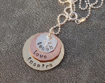 Personalized Teacher Appreciation Hand Stamped Layered Pendant Teach Love Inspire with Cross-Teacher Gift-Graduation-Retirement