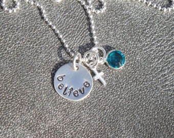 Personalized Believe Hand Stamped Sterling Silver Charm Necklace with a Sterling Silver Cross and Swarovski Crystal-Charm Necklace