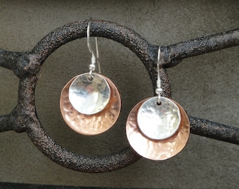 Copper and Sterling Silver Hammered Earrings (medium) - Gifts for Her- Mother's Day