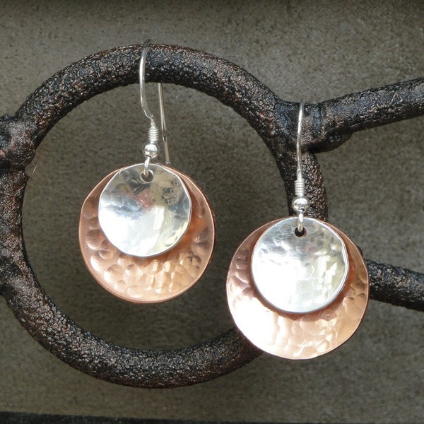 Copper and Sterling Silver Hammered Earrings (medium) - Gifts for Her- Mother's Day