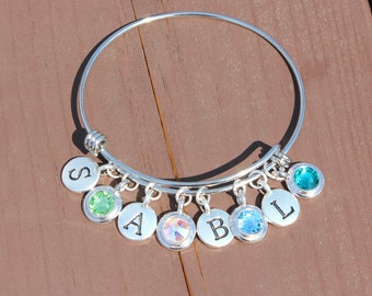 Four Initial and Four Swarovski Crystal Adjustable Bangle - Gifts for Her - Gifts for Mom