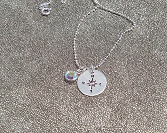 Compass Hand Stamped Sterling Silver Necklace with Birthstone - Gifts for Her - Graduation Gift