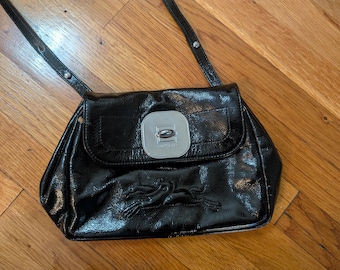 Vtg LONGCHAMP Black Patent Leather Clutch Shoulder Crossbody Hand Bag France